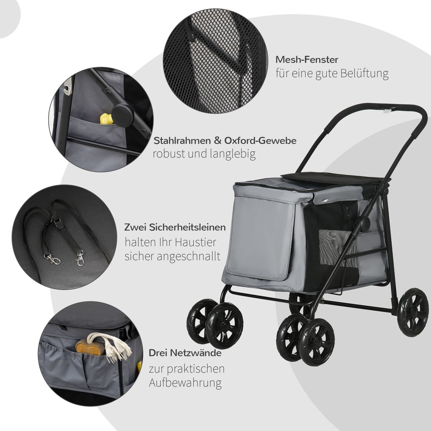 Collapsible pet stroller with cushion, net, 20 kg capacity