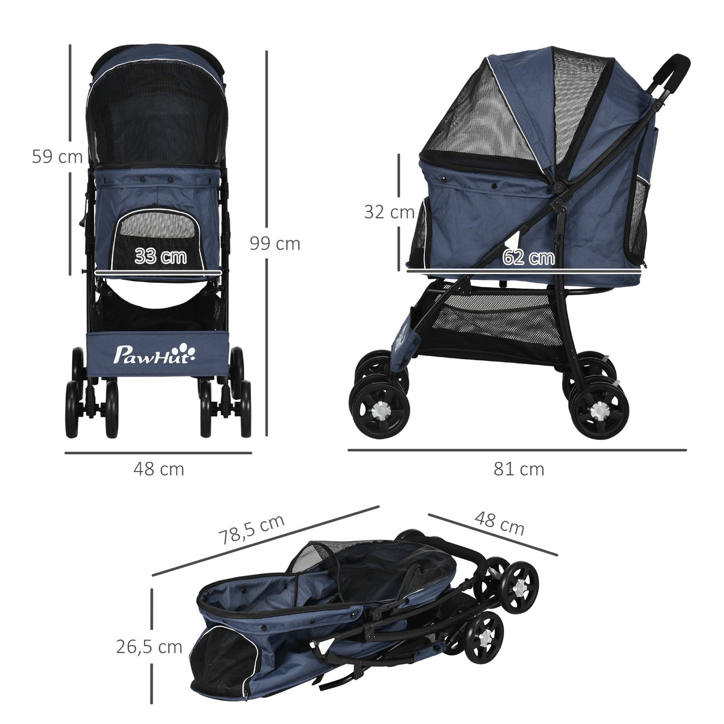 Collapsible pet carriage with cushion, mesh window, 4 wheels