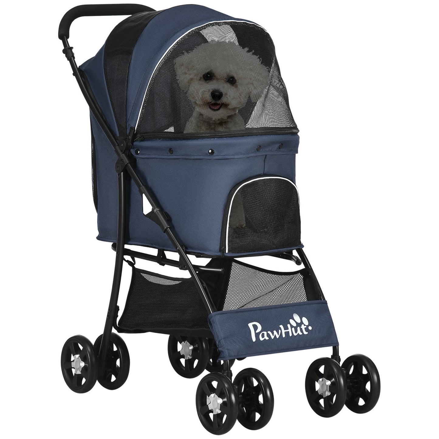 Collapsible pet carriage with cushion, mesh window, 4 wheels