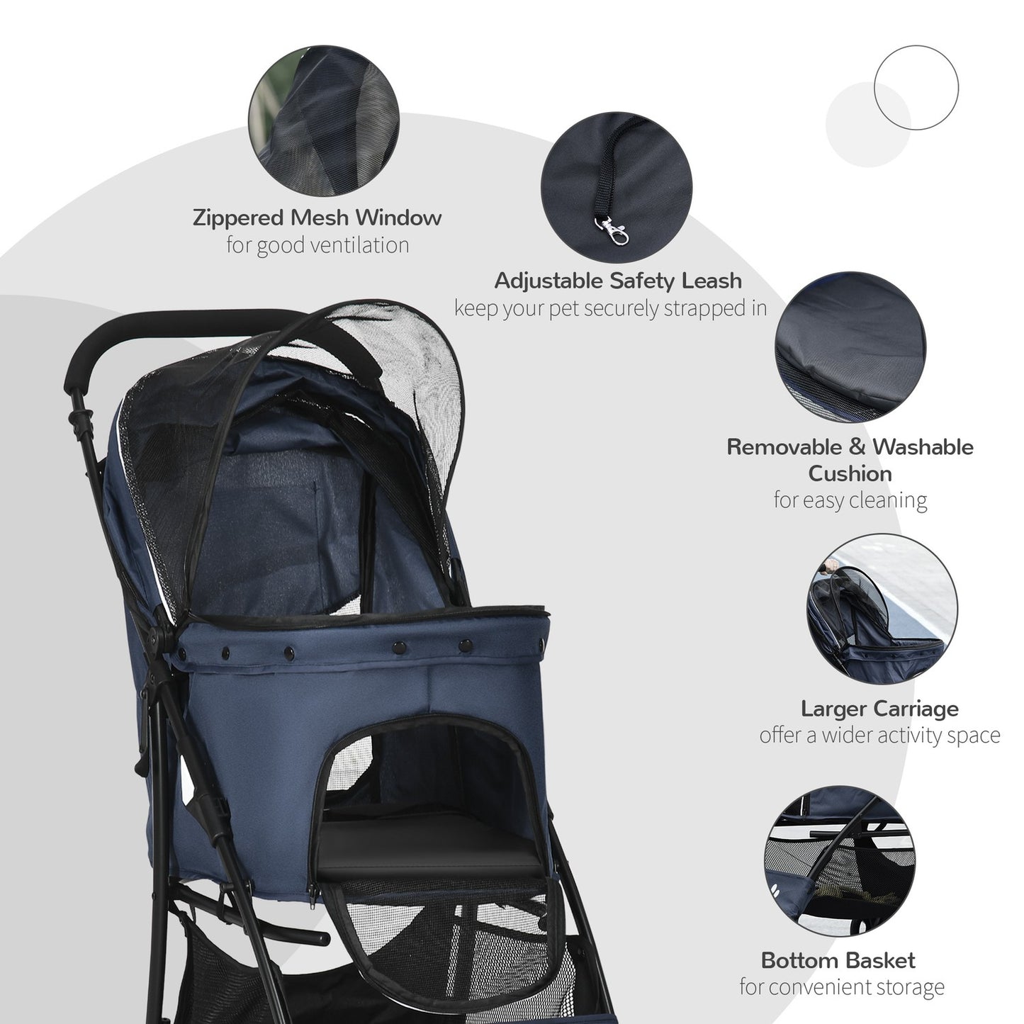 Collapsible pet carriage with cushion, mesh window, 4 wheels