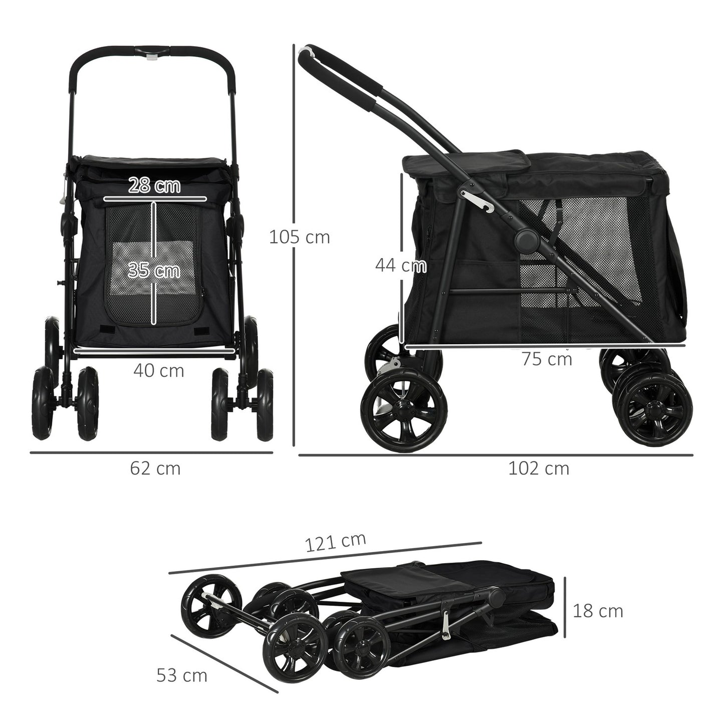 Dog stroller, foldable with mesh window, black, 20 kg Limit