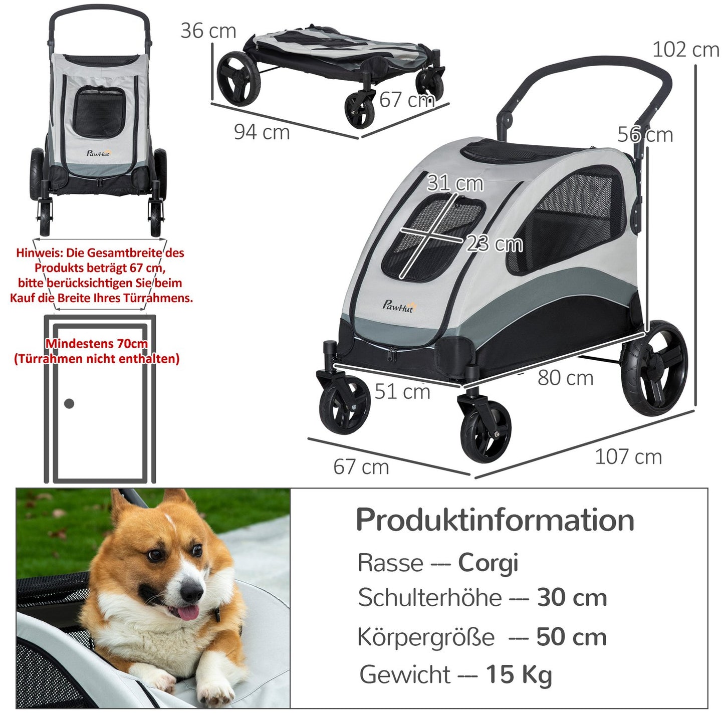 Pet stroller with mesh window and storage, foldable 4-wheel design