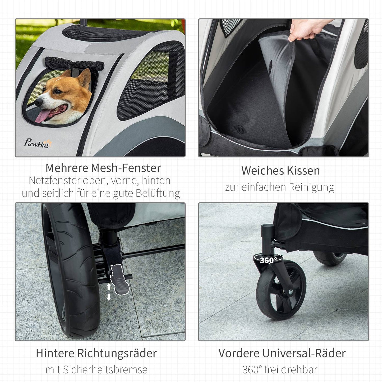 Pet stroller with mesh window and storage, foldable 4-wheel design
