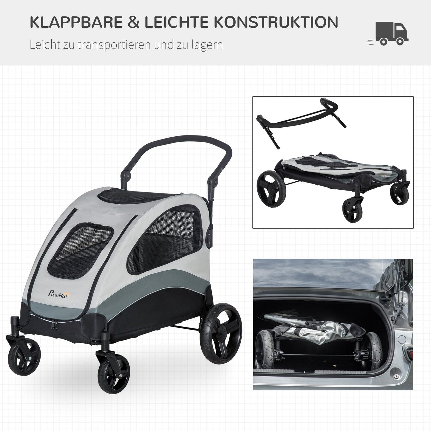 Pet stroller with mesh window and storage, foldable 4-wheel design