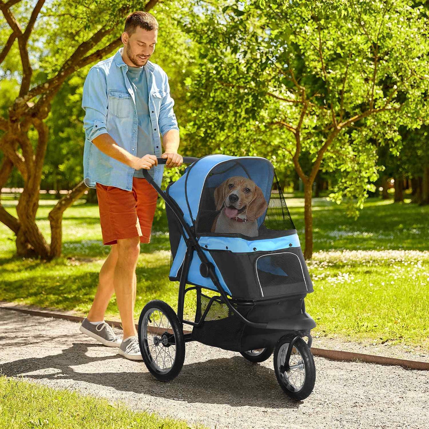 Collapsible blue dog carriage, mesh window and sun protection