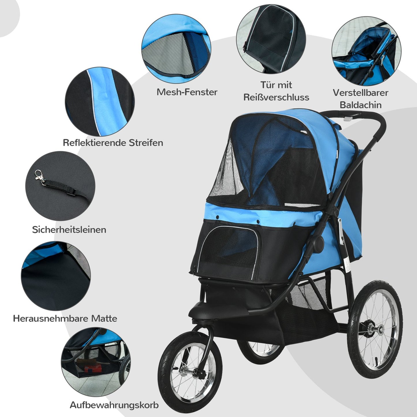 Collapsible blue dog carriage, mesh window and sun protection