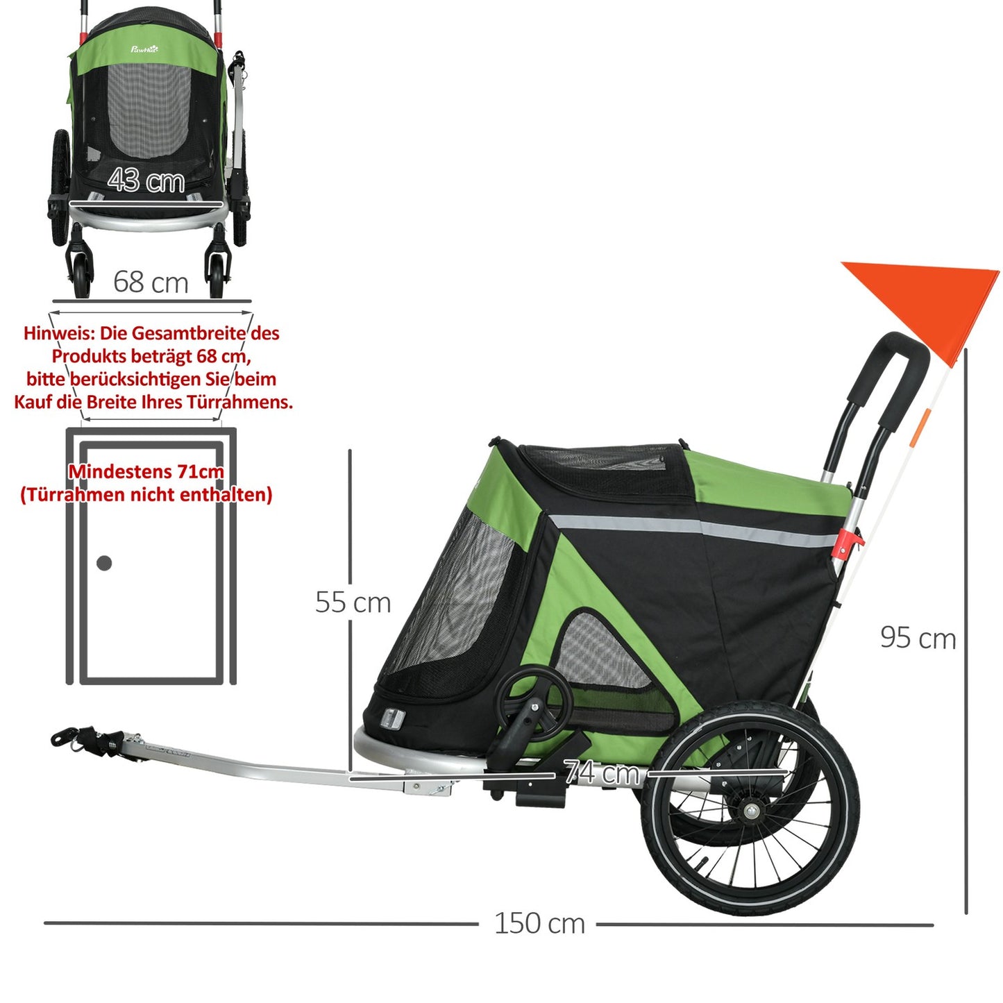 Dog bike cart & buggy, safety leash up to 20 kg, green
