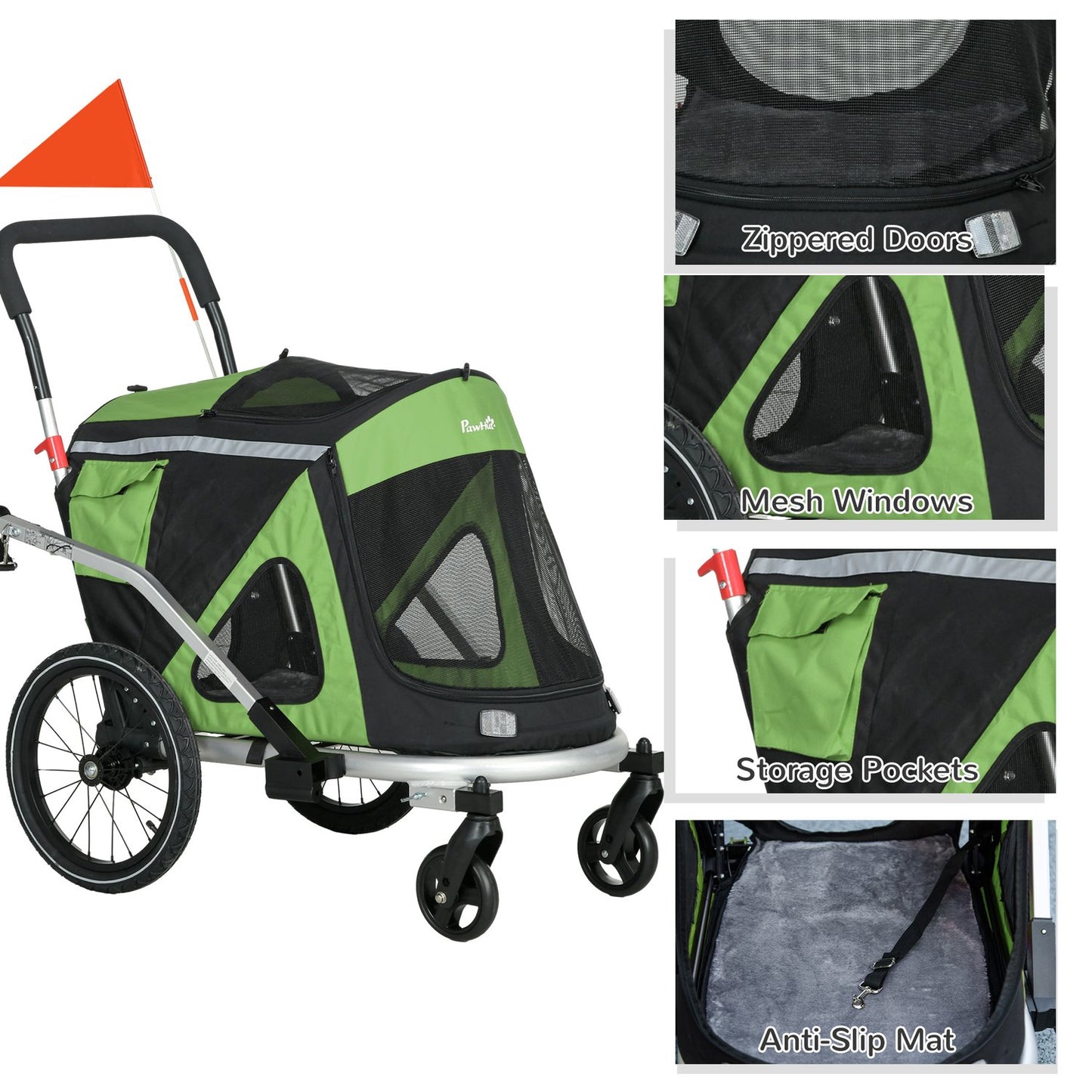 Dog bike cart & buggy, safety leash up to 20 kg, green