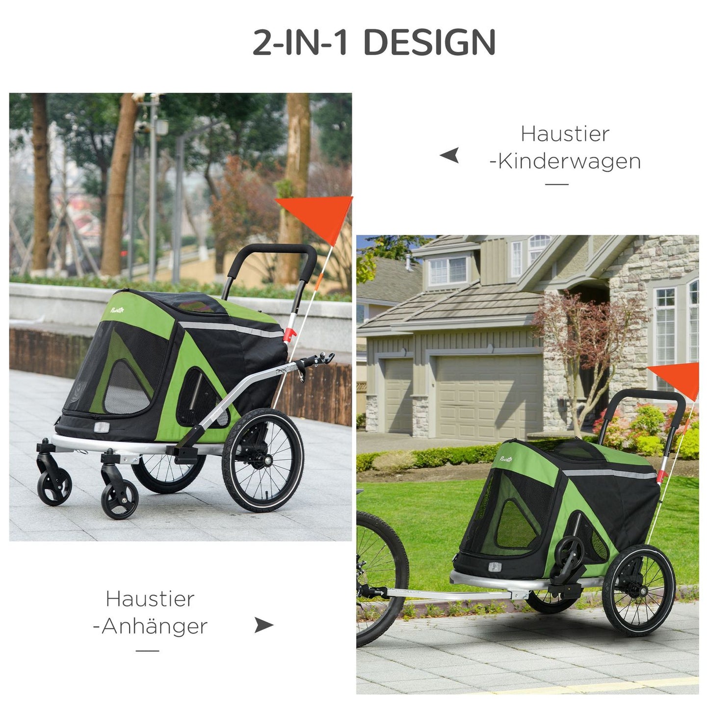 Dog bike cart & buggy, safety leash up to 20 kg, green