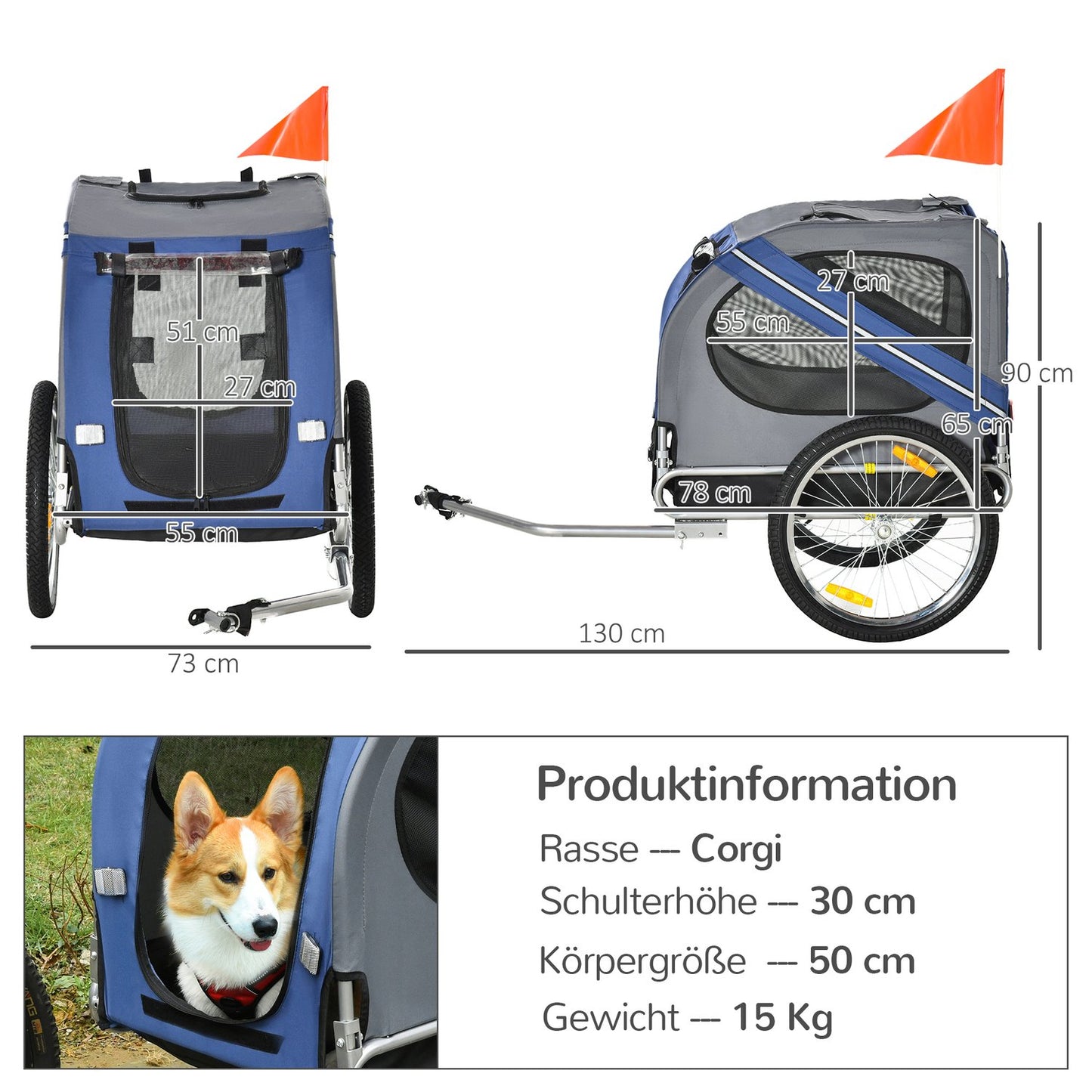 Dog bike stroller, Oxford fabric, blue, rain cover