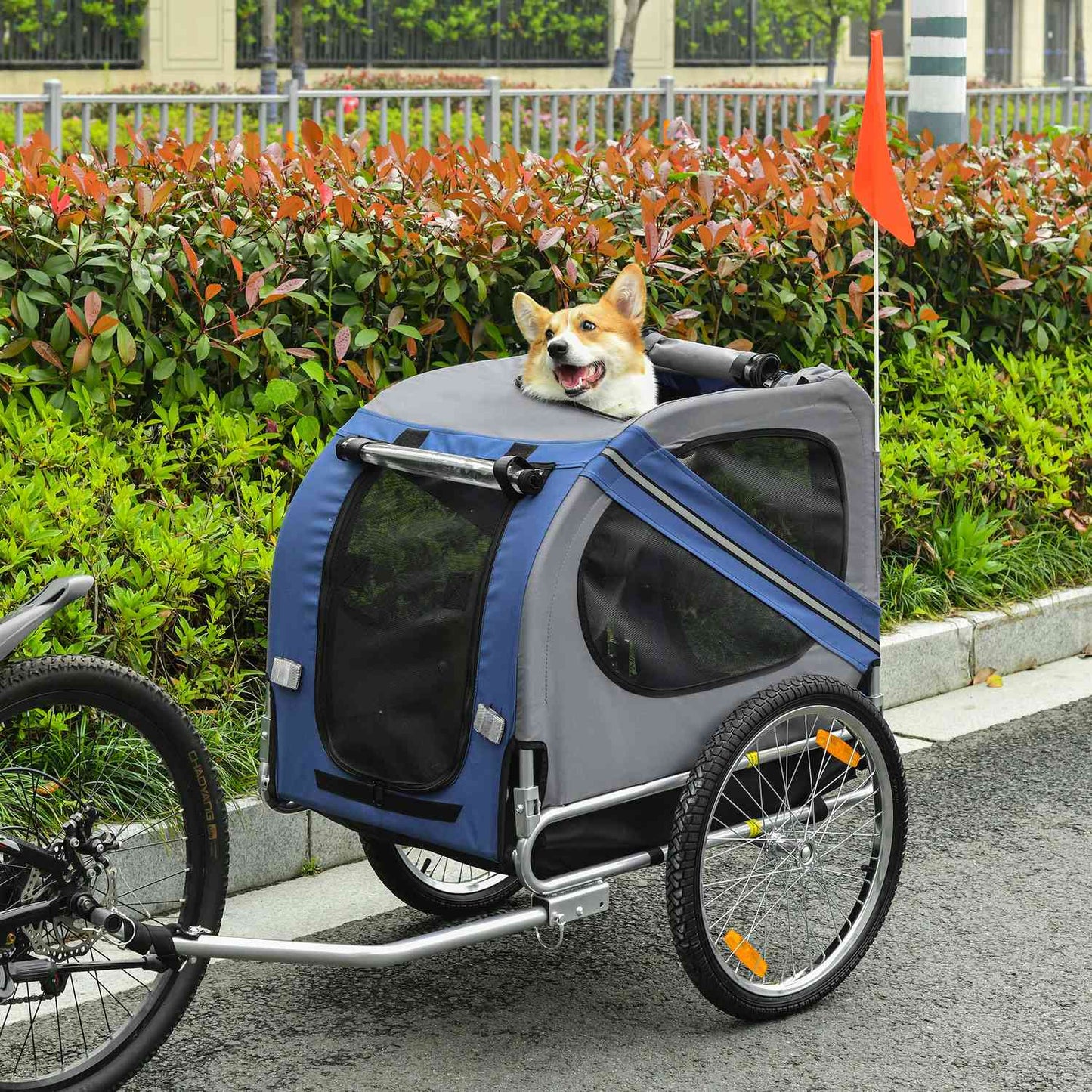 Dog bike stroller, Oxford fabric, blue, rain cover