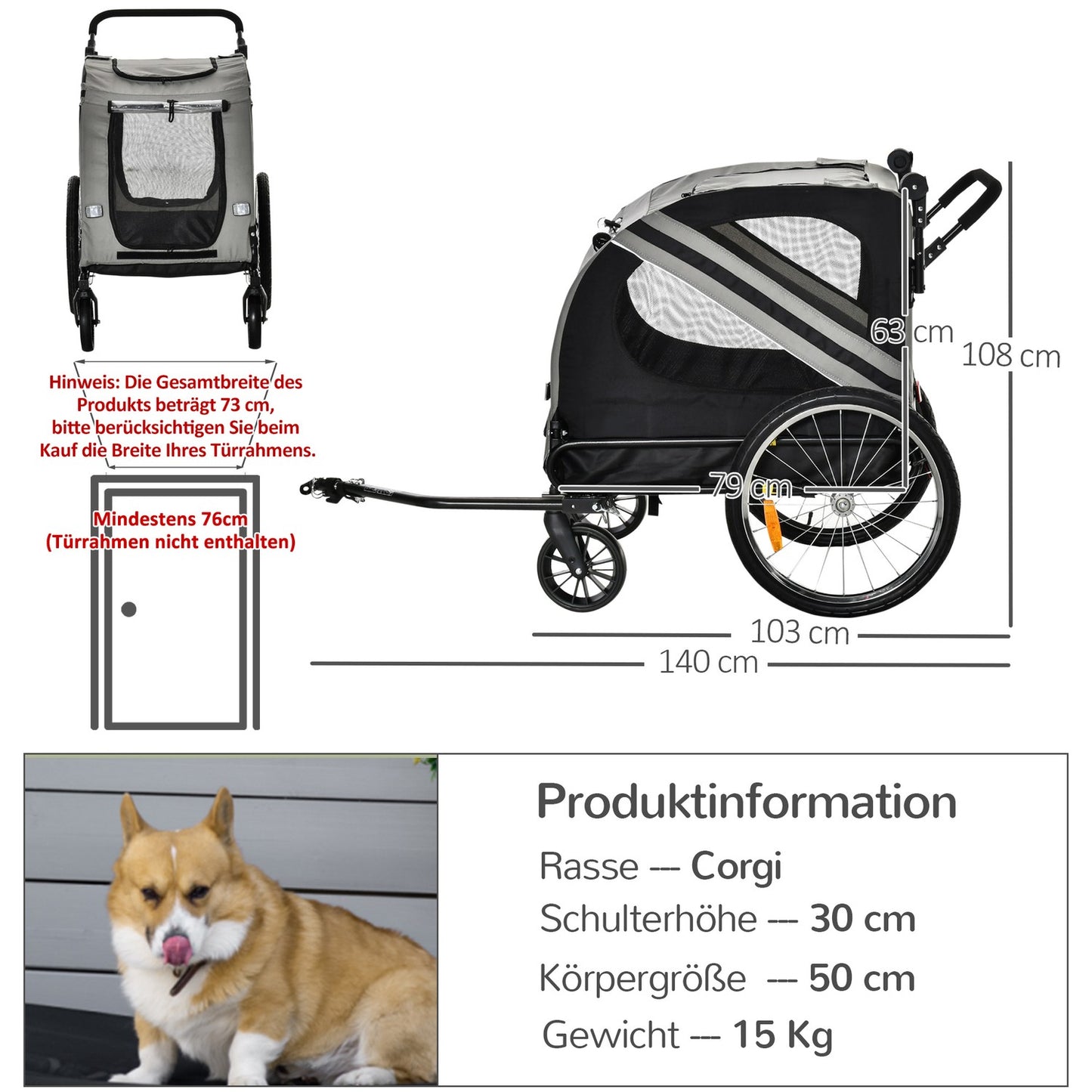 Dog bike trailer & Buggy 2-in-1 with reflectors, grey