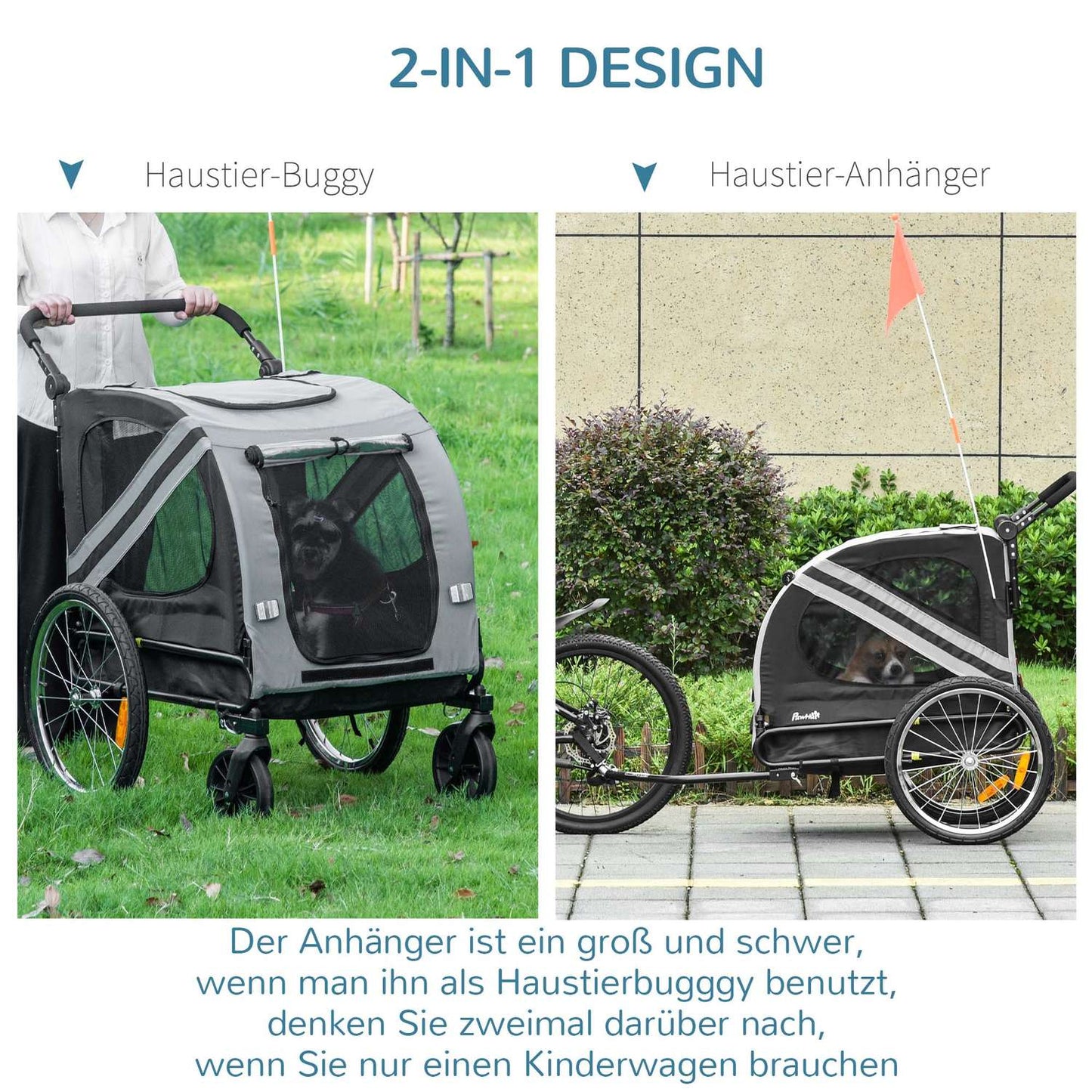 Dog bike trailer & Buggy 2-in-1 with reflectors, grey