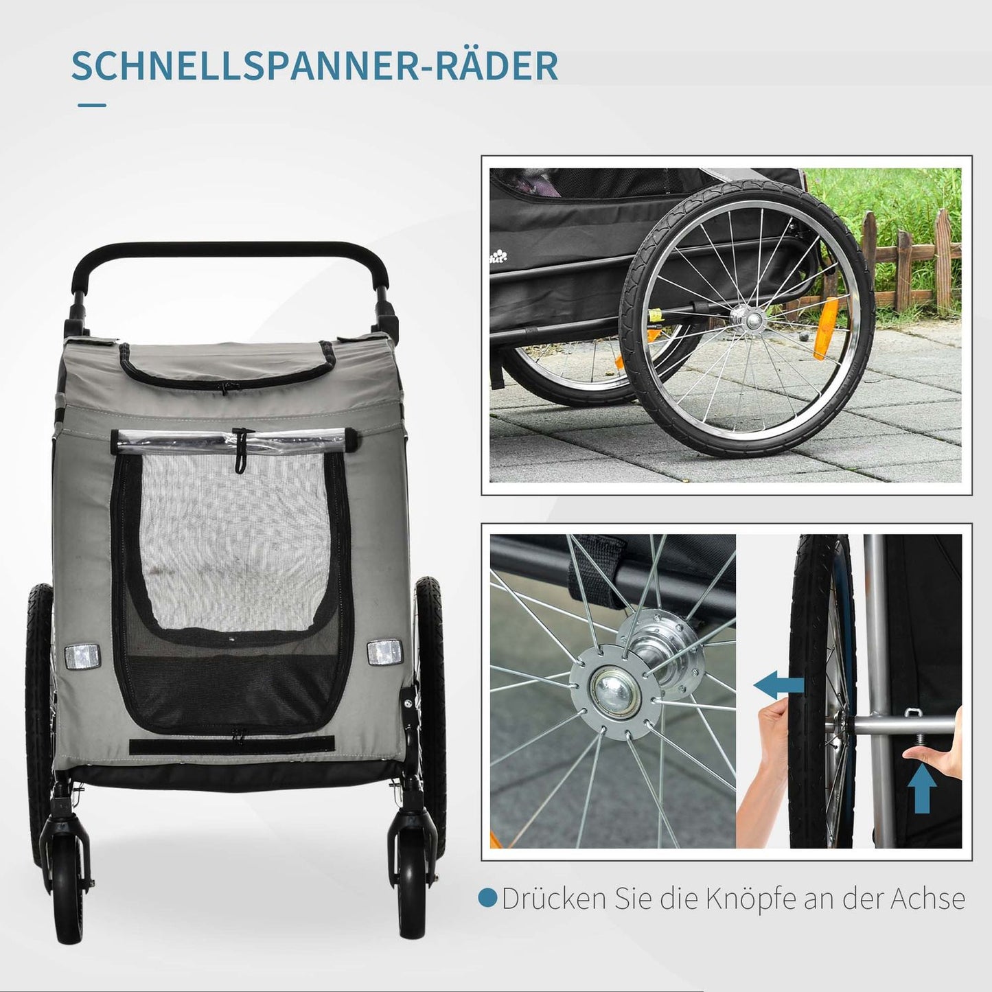 Dog bike trailer & Buggy 2-in-1 with reflectors, grey