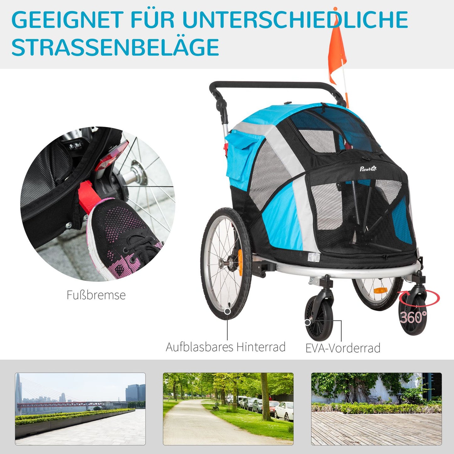 Collapsible 2-in-1 Pet Bike Cart and Transporter, Blue/Silver