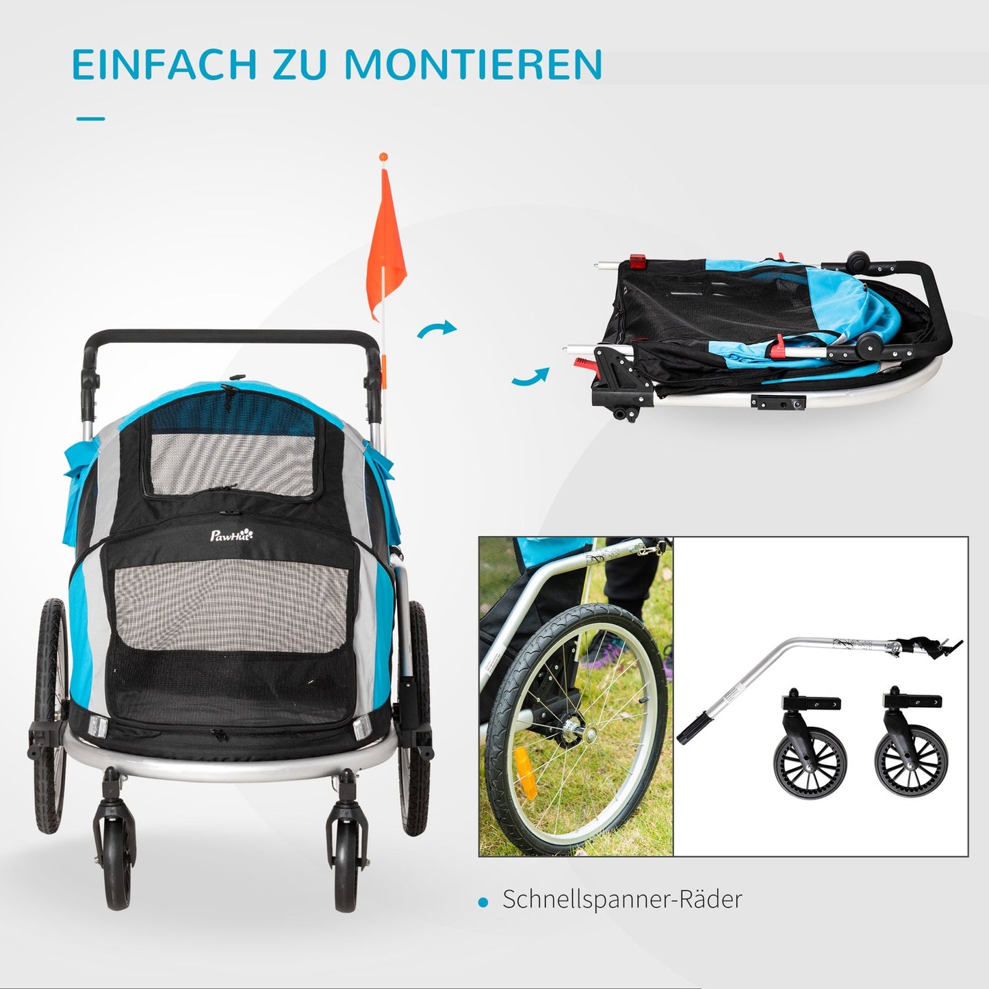 Collapsible 2-in-1 Pet Bike Cart and Transporter, Blue/Silver