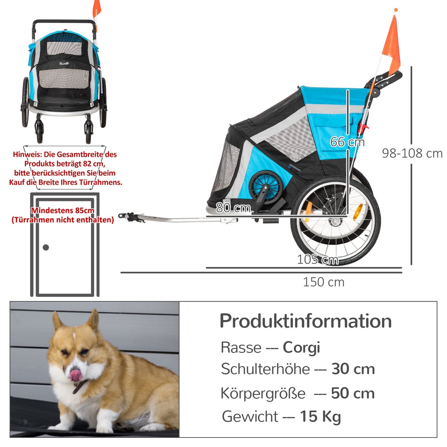 Collapsible 2-in-1 Pet Bike Cart and Transporter, Blue/Silver