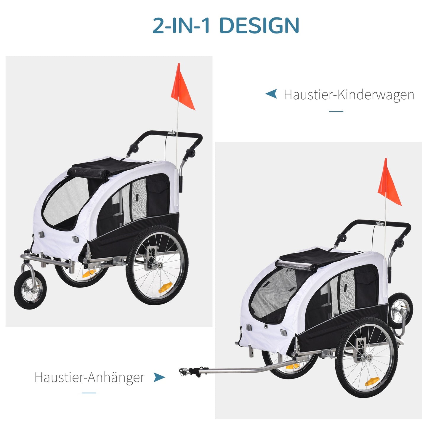 Dog bike trailer - white/black, roomy, 155 x 83 x 108 cm