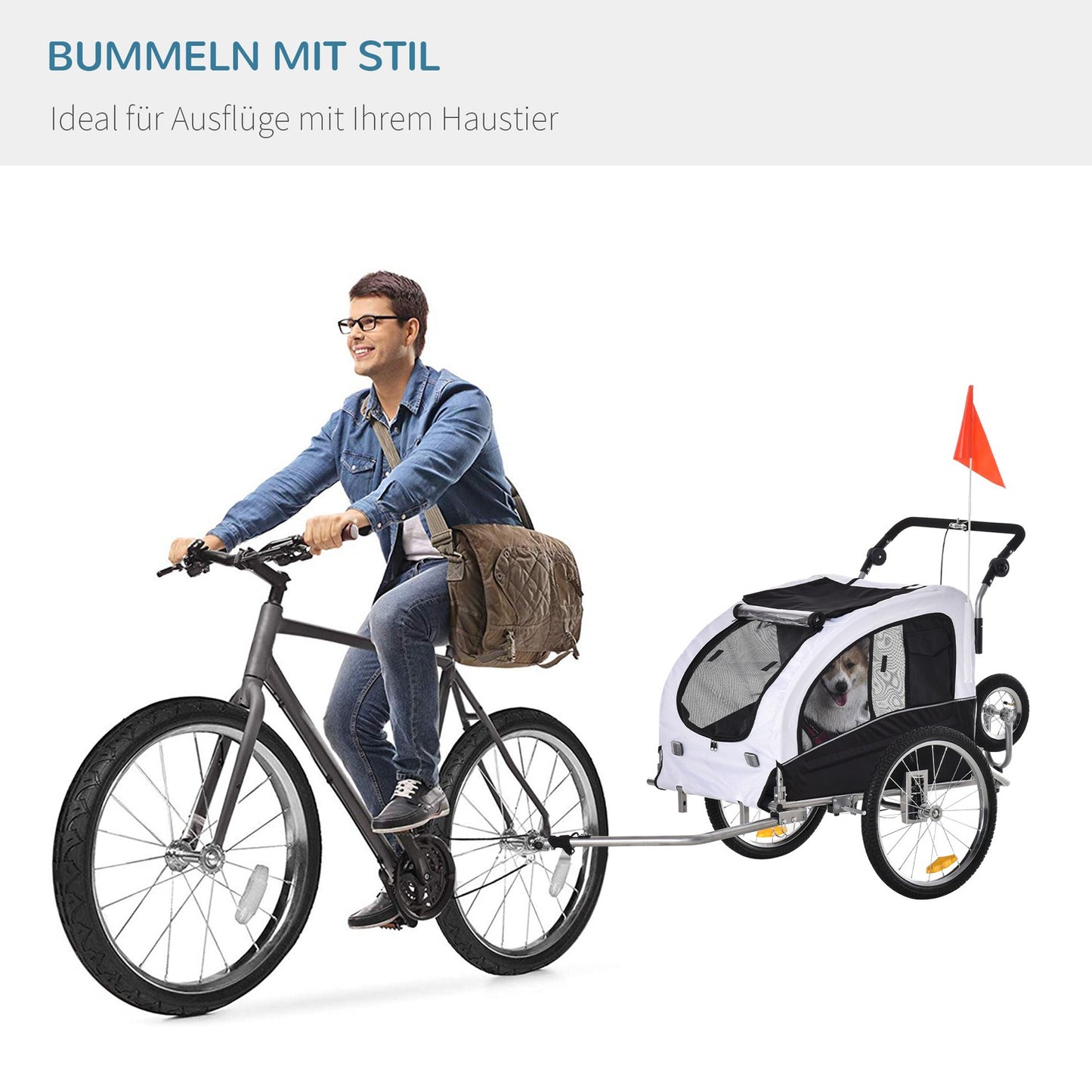 Dog bike trailer - white/black, roomy, 155 x 83 x 108 cm
