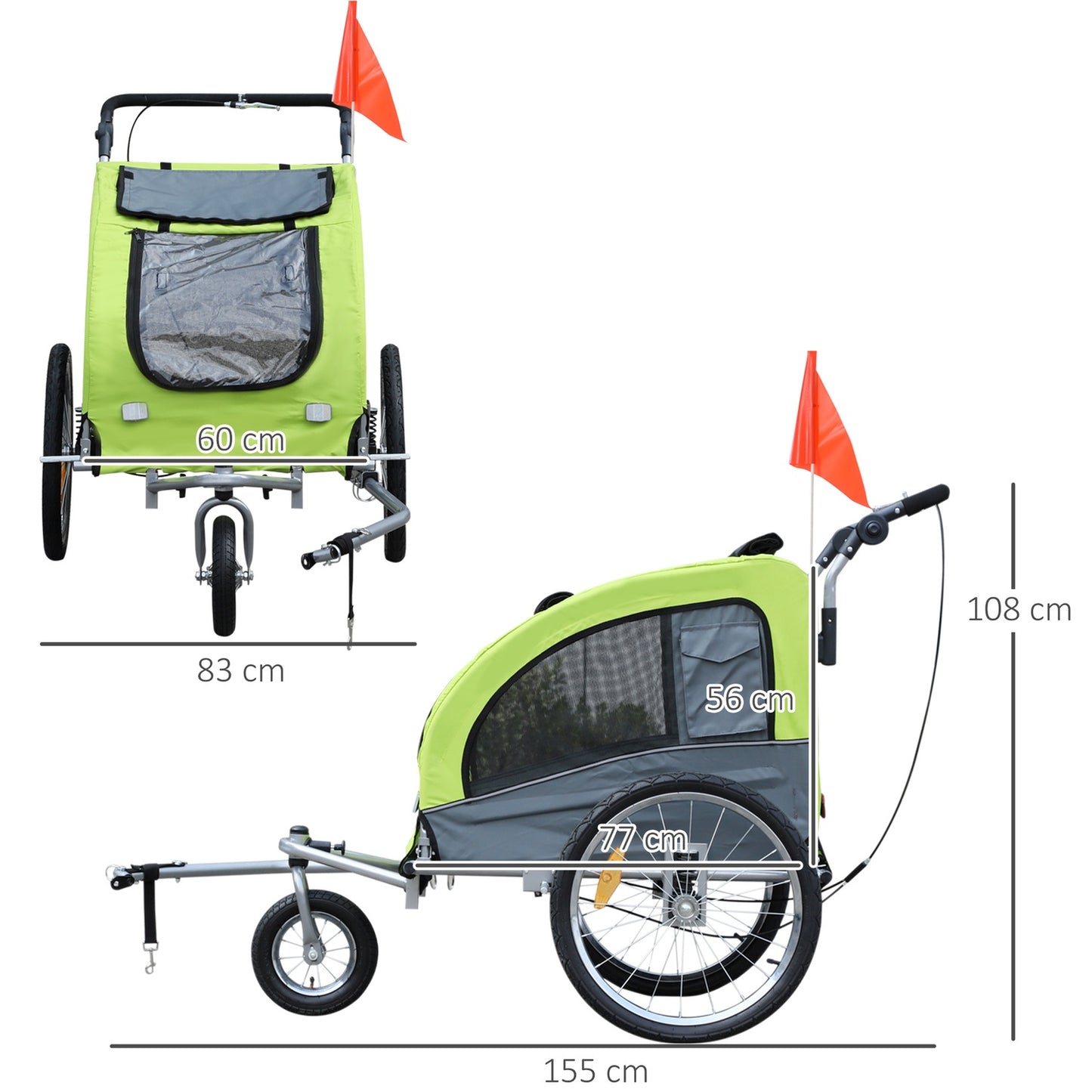 Large Dog Sled Jogger, Stable Bicycle Holder, Green/Grey