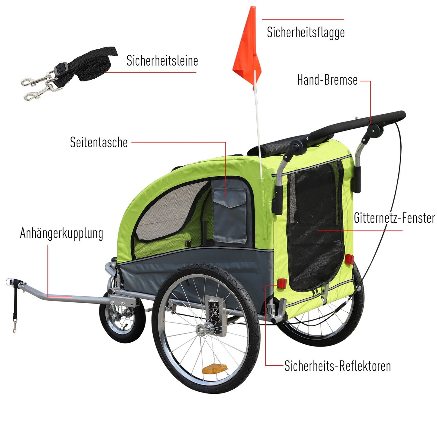 Large Dog Sled Jogger, Stable Bicycle Holder, Green/Grey