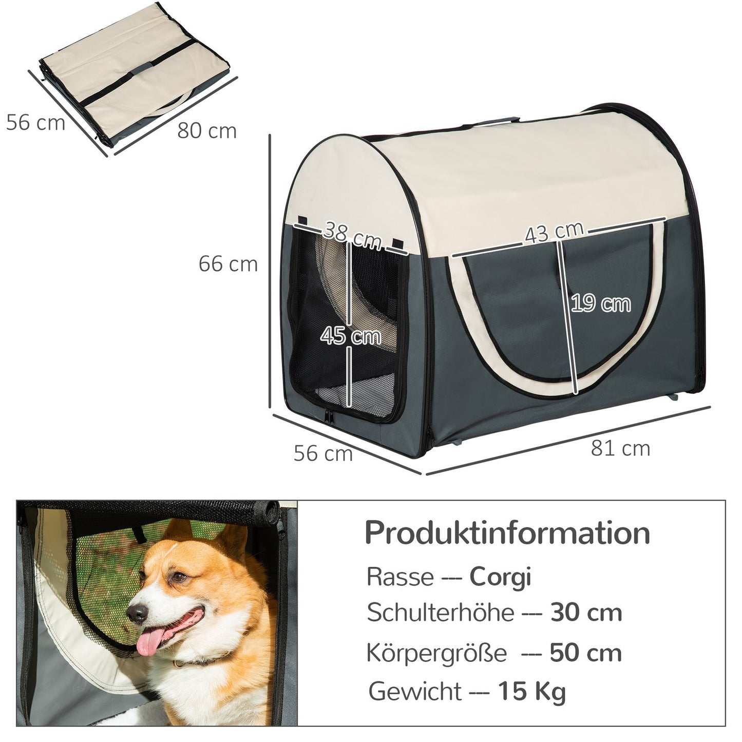 Collapsible dog transport box with cushion, waterproof, grey