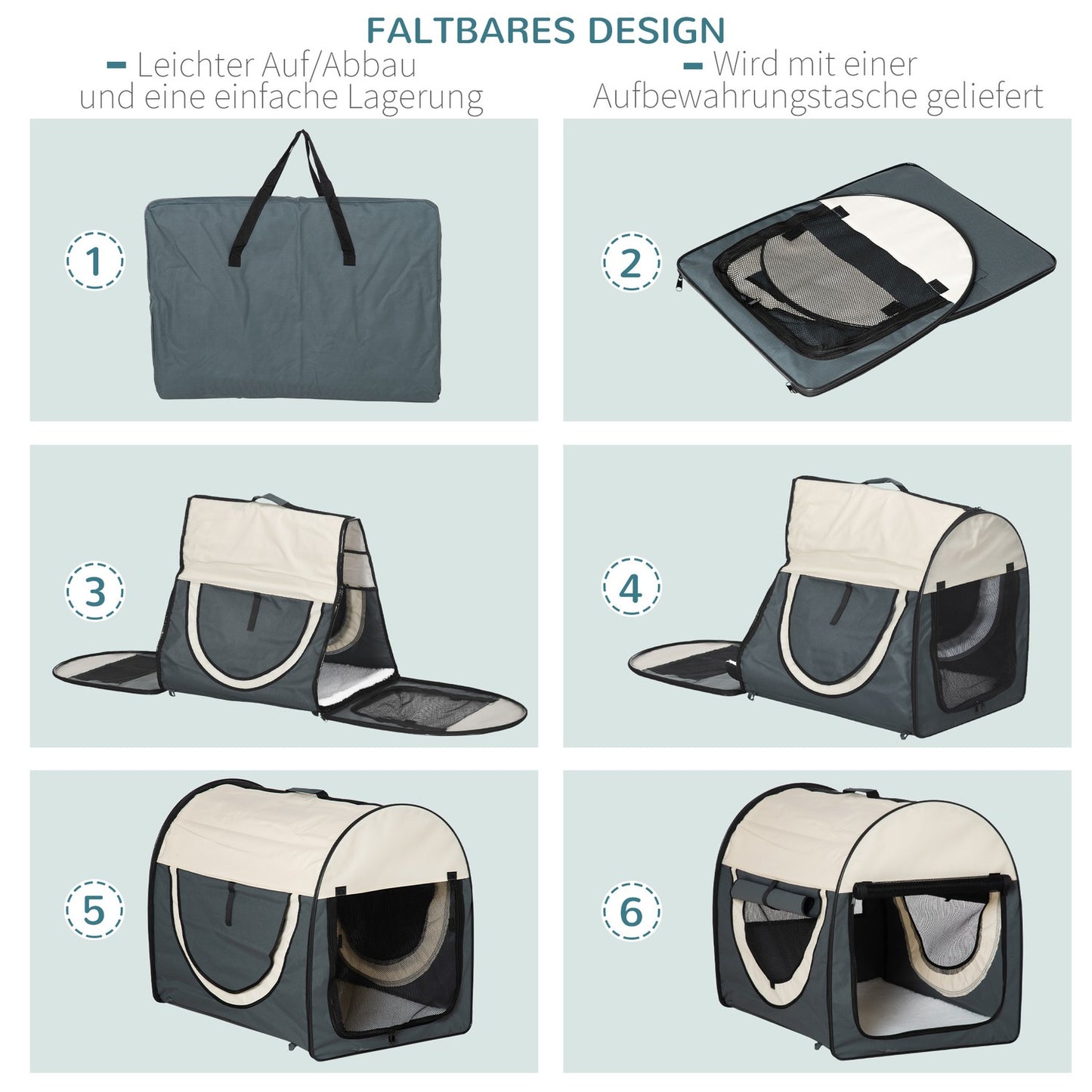 Collapsible dog transport box with cushion, waterproof, grey