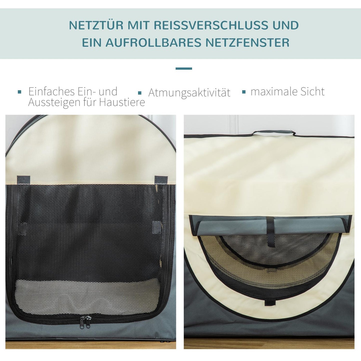 Collapsible dog transport box with cushion, waterproof, grey