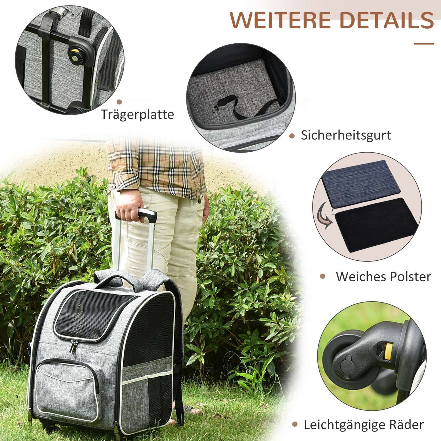 Pet Carrier Backpack & Trolley - Grey, 43x33x51.5 cm