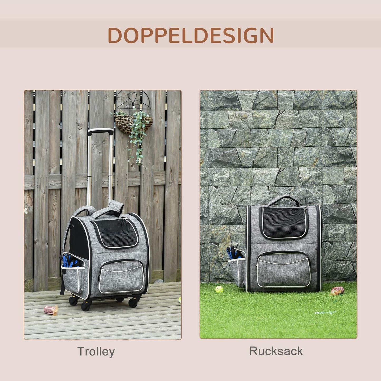 Pet Carrier Backpack & Trolley - Grey, 43x33x51.5 cm