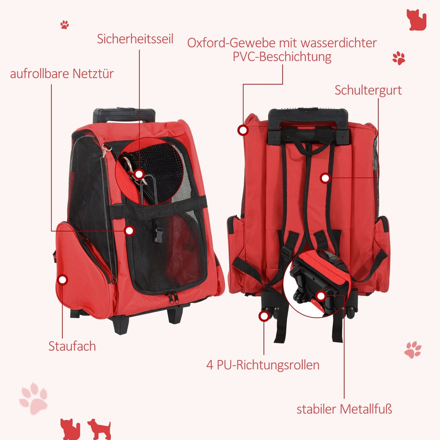 Pet Carrier Trolley Bag, Breathable, Red, 42x25x55 cm
