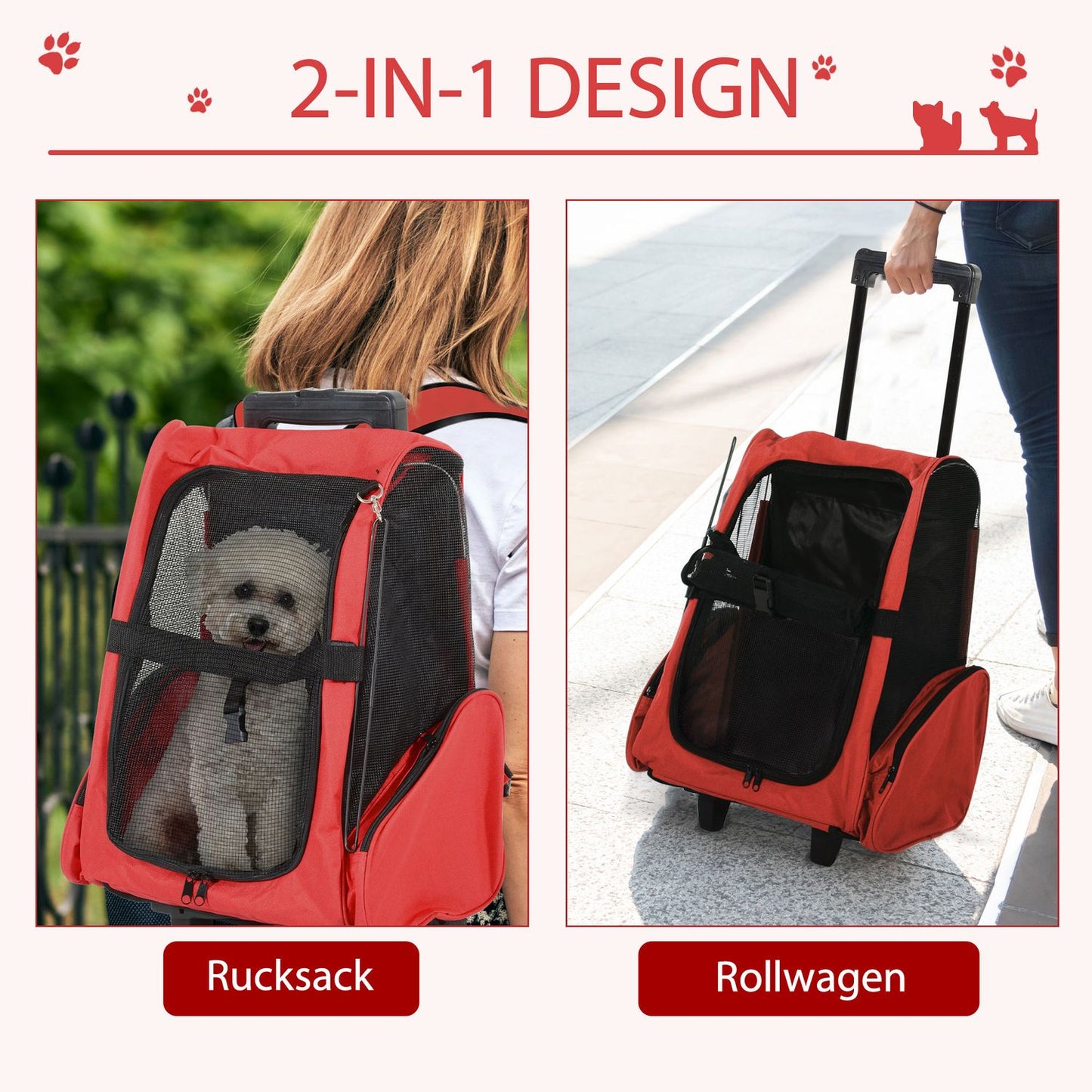 Pet Carrier Trolley Bag, Breathable, Red, 42x25x55 cm
