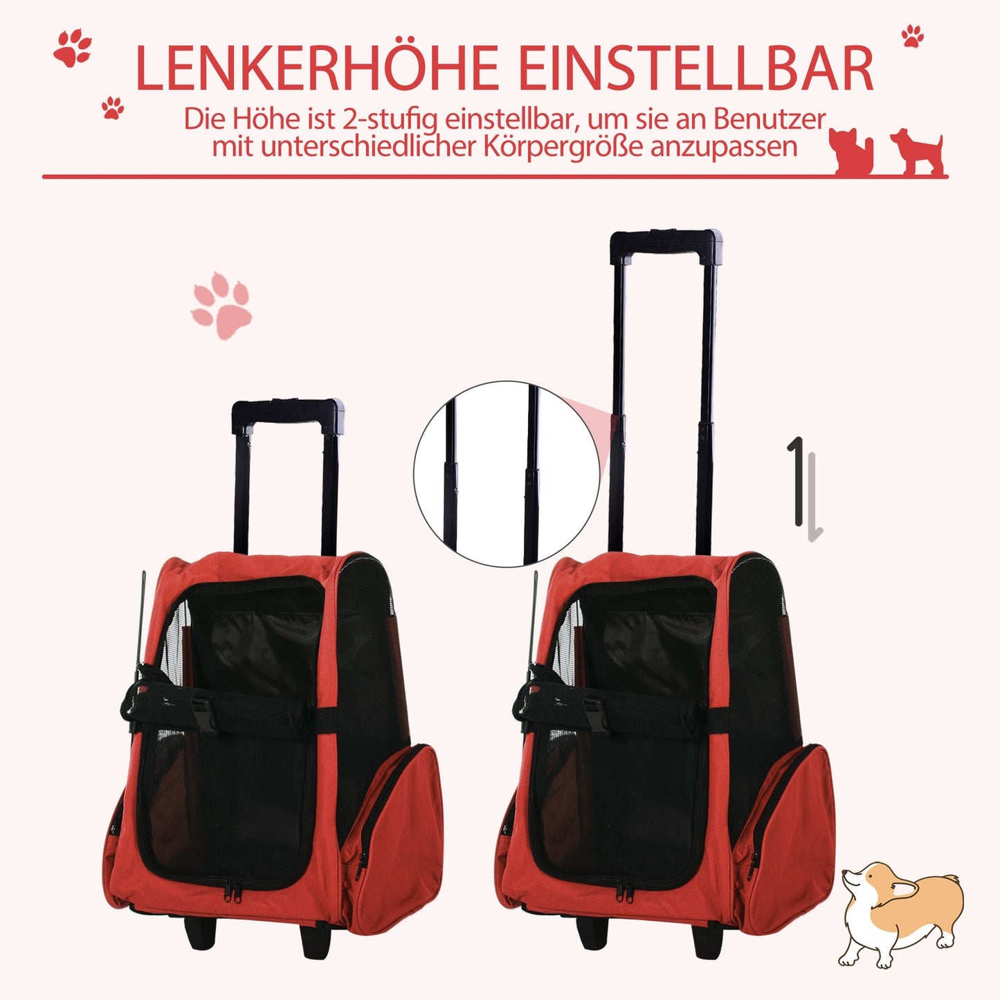 Pet Carrier Trolley Bag, Breathable, Red, 42x25x55 cm