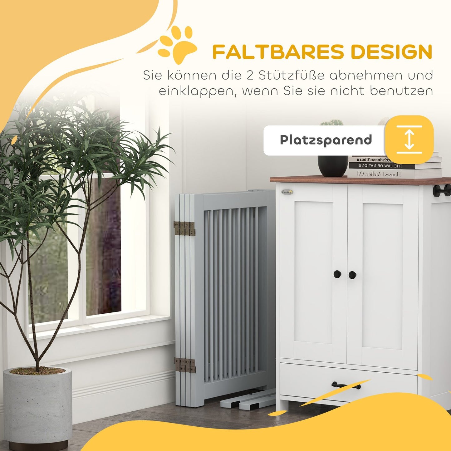 Folding wooden dog gate, Freestanding, Light grey, 204x75 cm