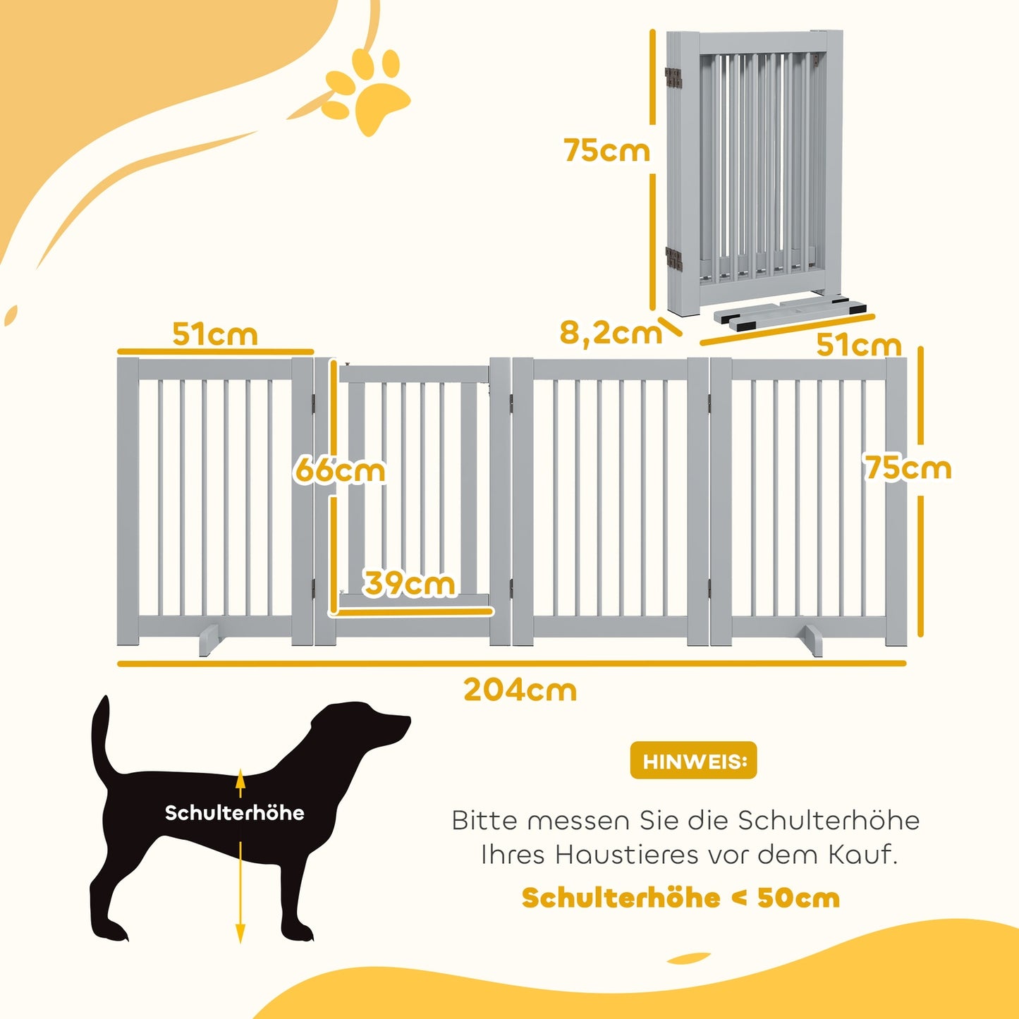 Folding wooden dog gate, Freestanding, Light grey, 204x75 cm