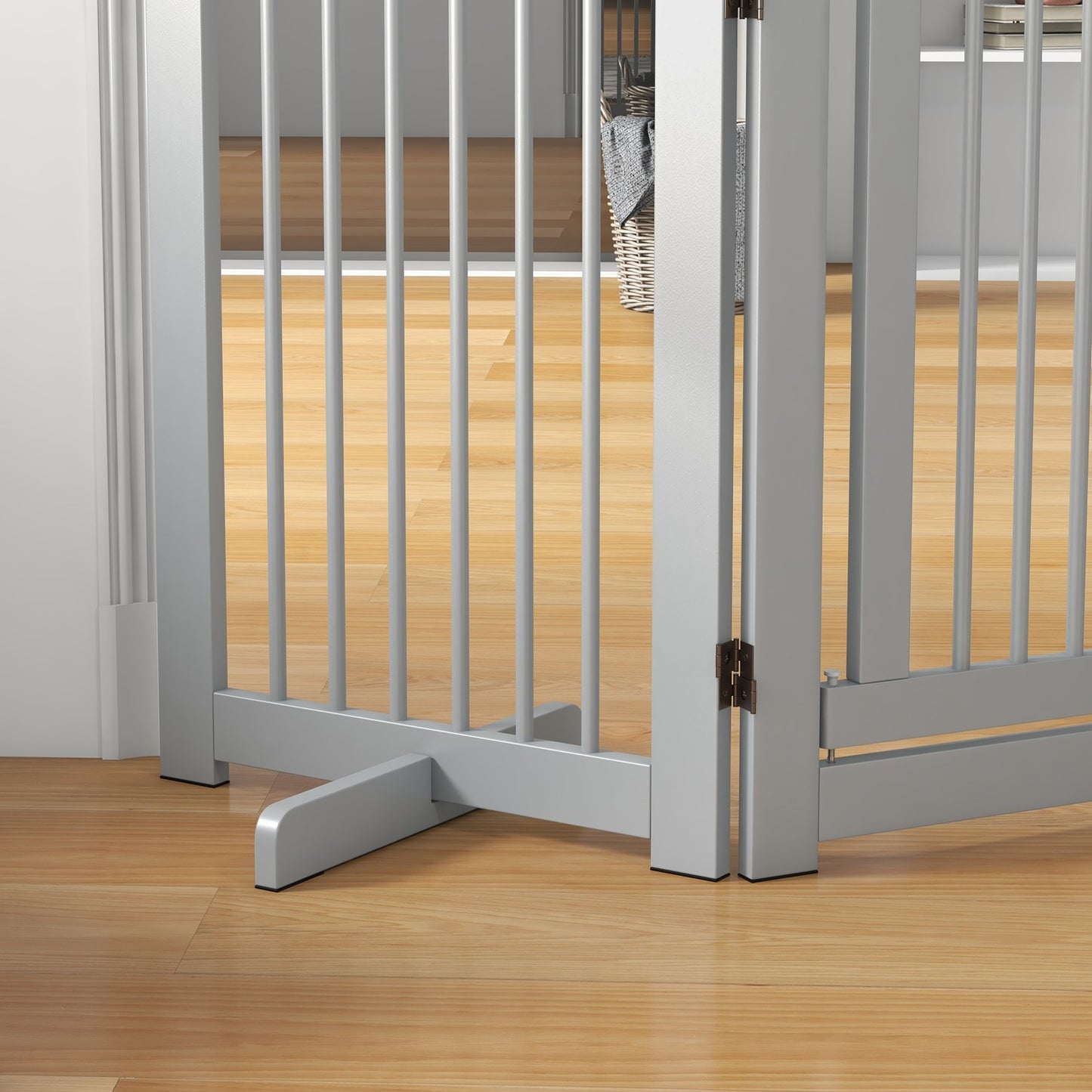 Folding wooden dog gate, Freestanding, Light grey, 204x75 cm