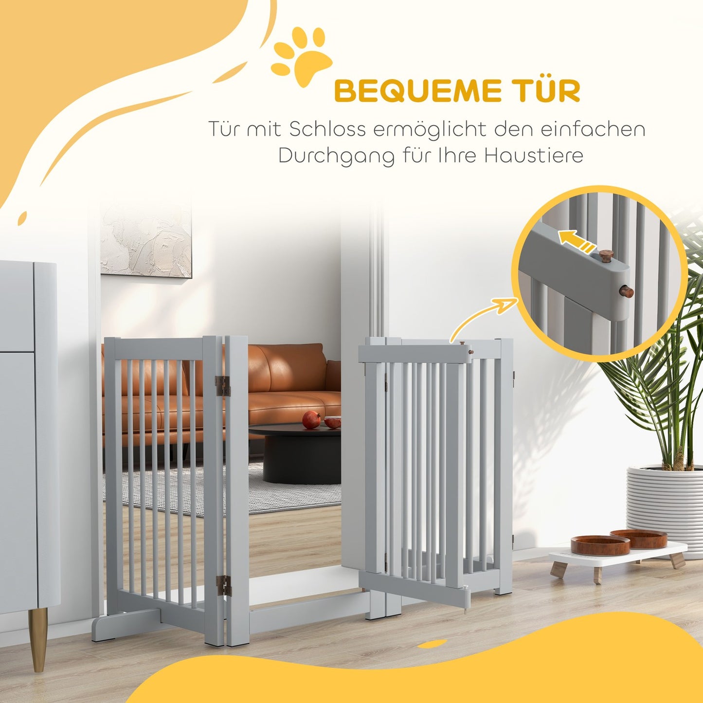 Folding wooden dog gate, Freestanding, Light grey, 204x75 cm