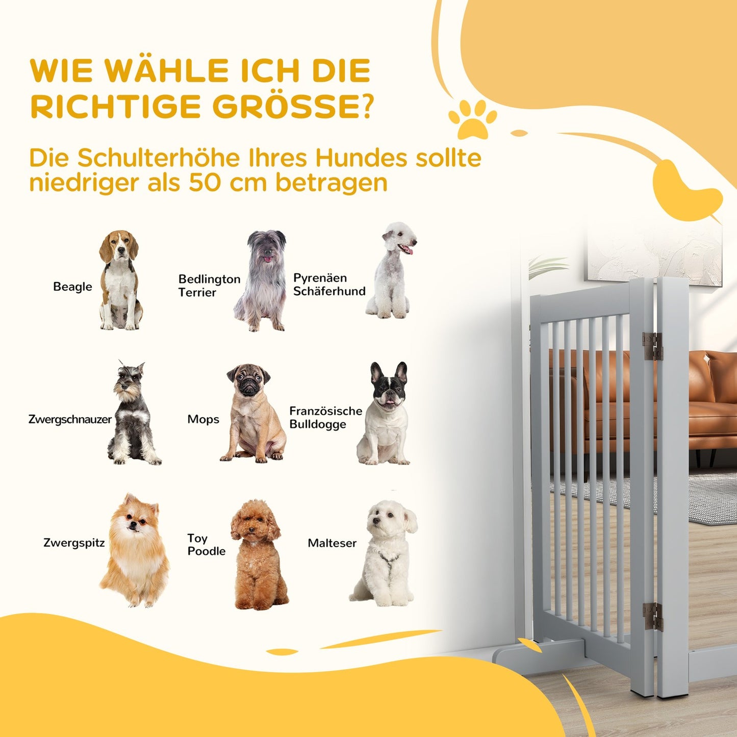 Folding wooden dog gate, Freestanding, Light grey, 204x75 cm
