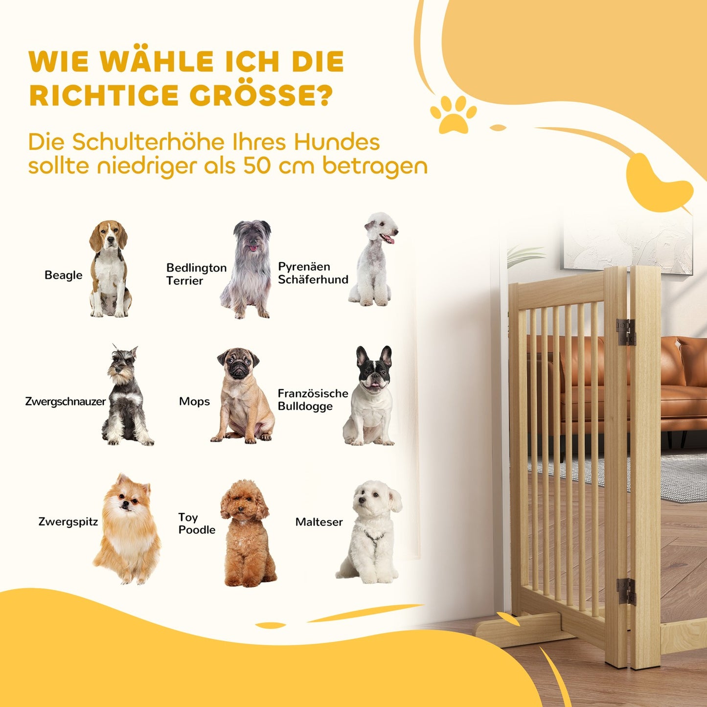 Folding wooden dog gate, 204x75 cm, freestanding safety barrier