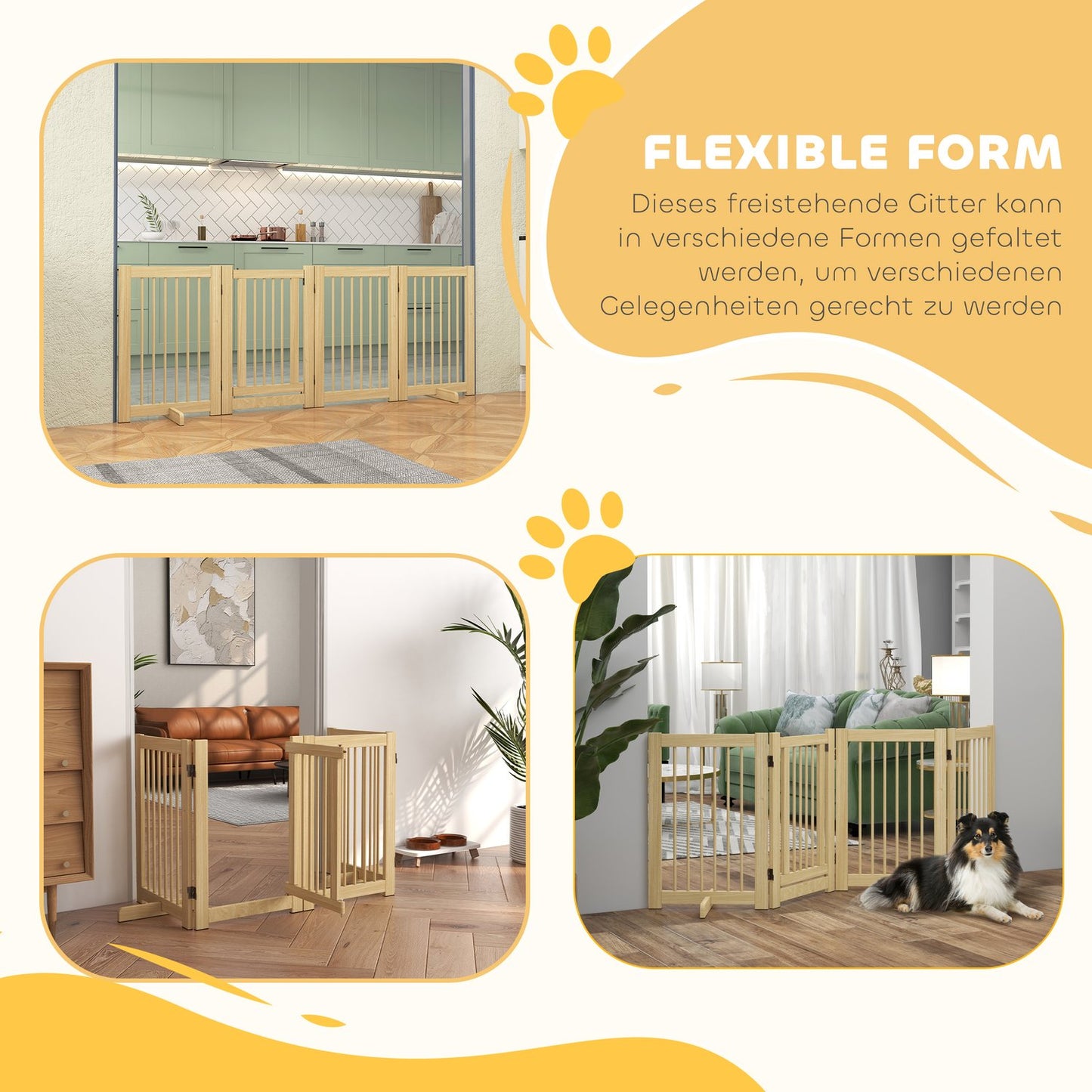 Folding wooden dog gate, 204x75 cm, freestanding safety barrier