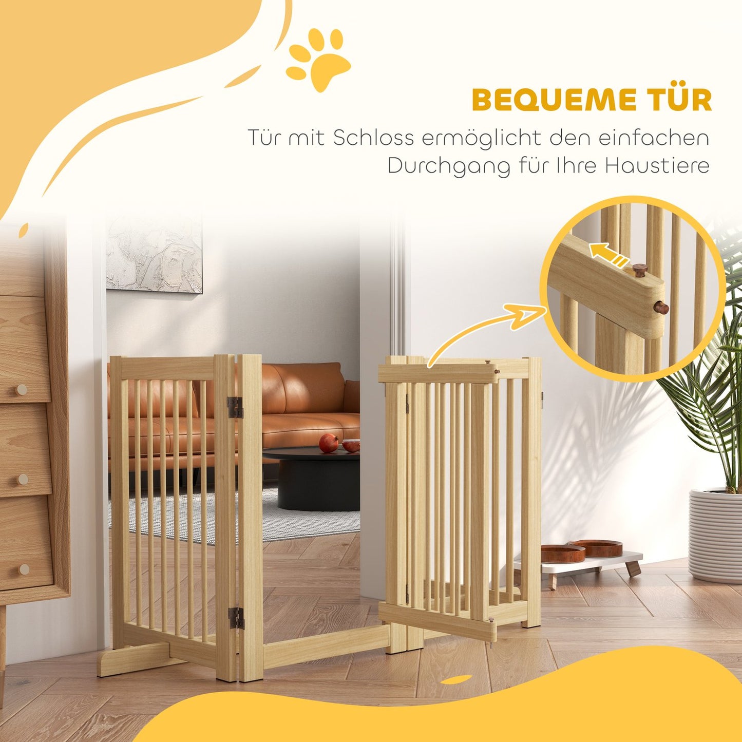Folding wooden dog gate, 204x75 cm, freestanding safety barrier