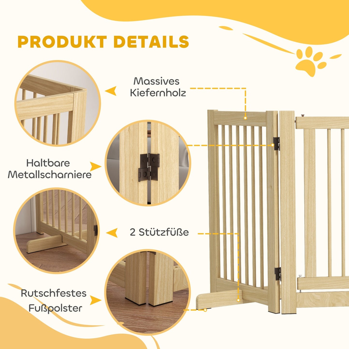 Folding wooden dog gate, 204x75 cm, freestanding safety barrier