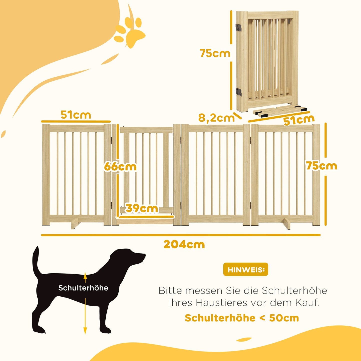 Folding wooden dog gate, 204x75 cm, freestanding safety barrier