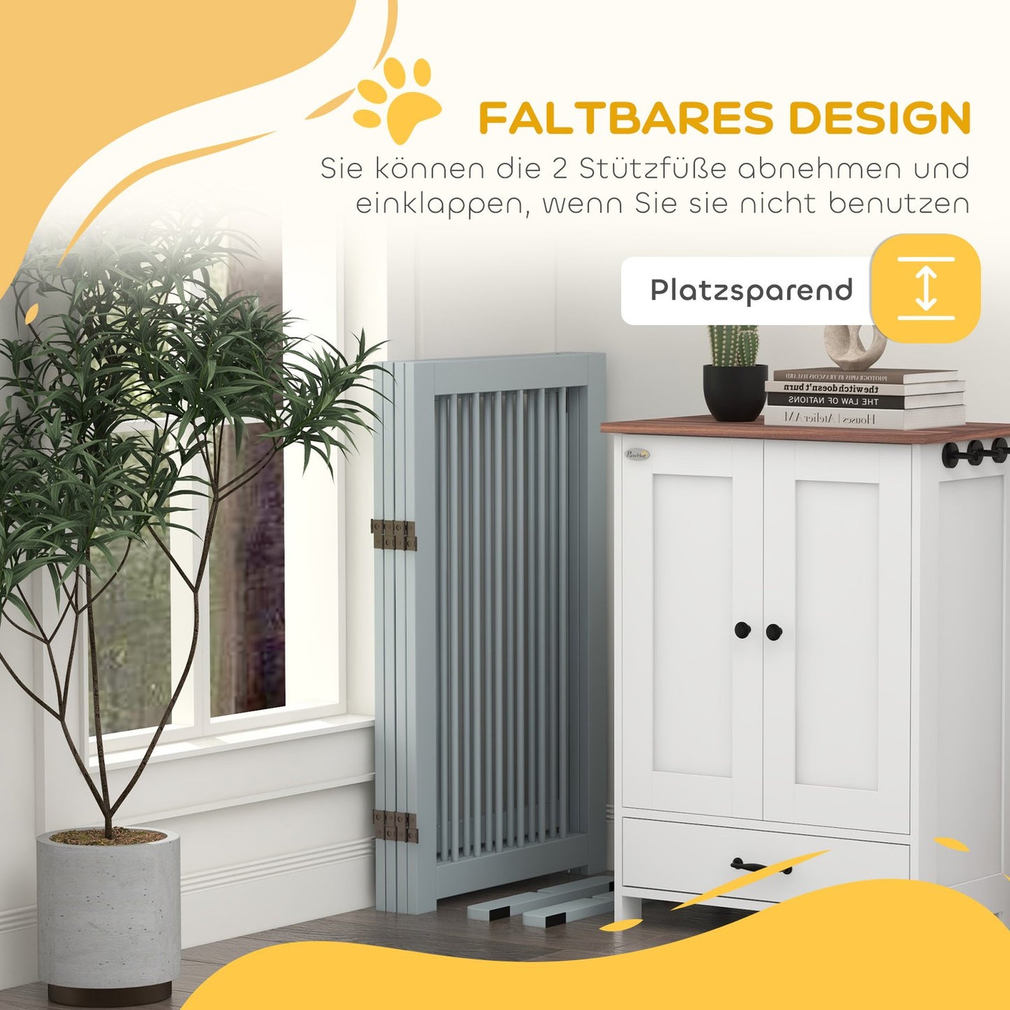 Folding wooden dog gate - 4 panels, 220x91 cm, light grey
