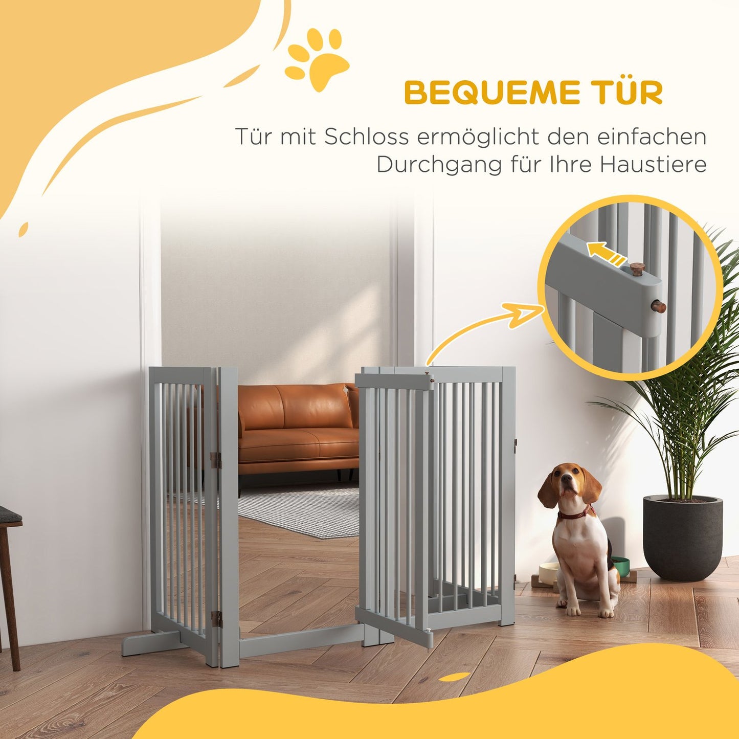 Folding wooden dog gate - 4 panels, 220x91 cm, light grey