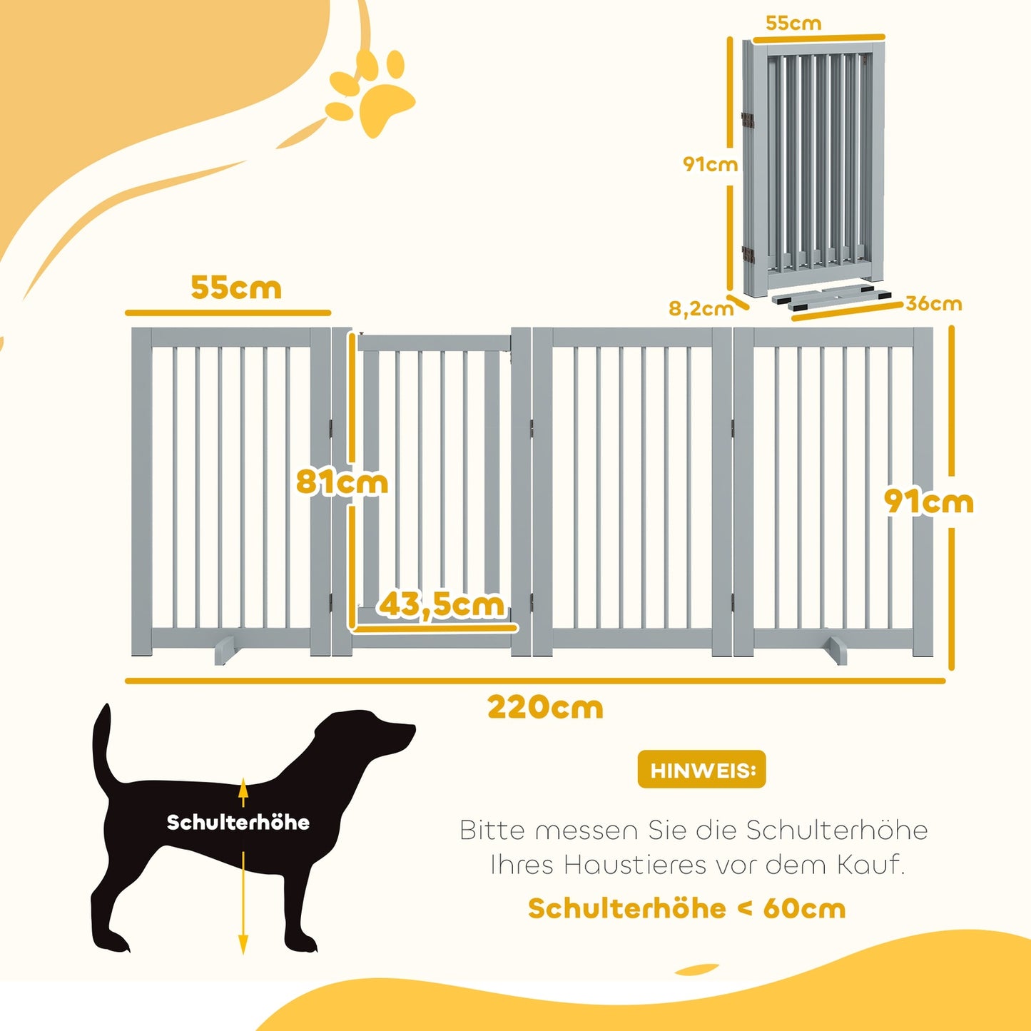 Folding wooden dog gate - 4 panels, 220x91 cm, light grey