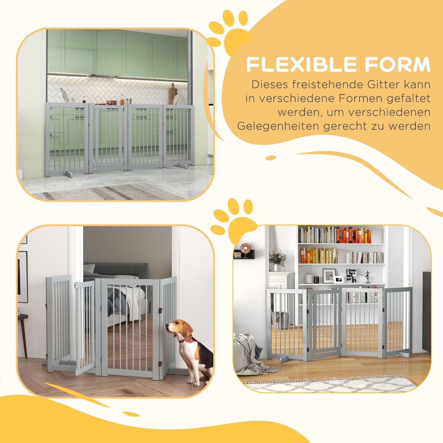 Folding wooden dog gate - 4 panels, 220x91 cm, light grey