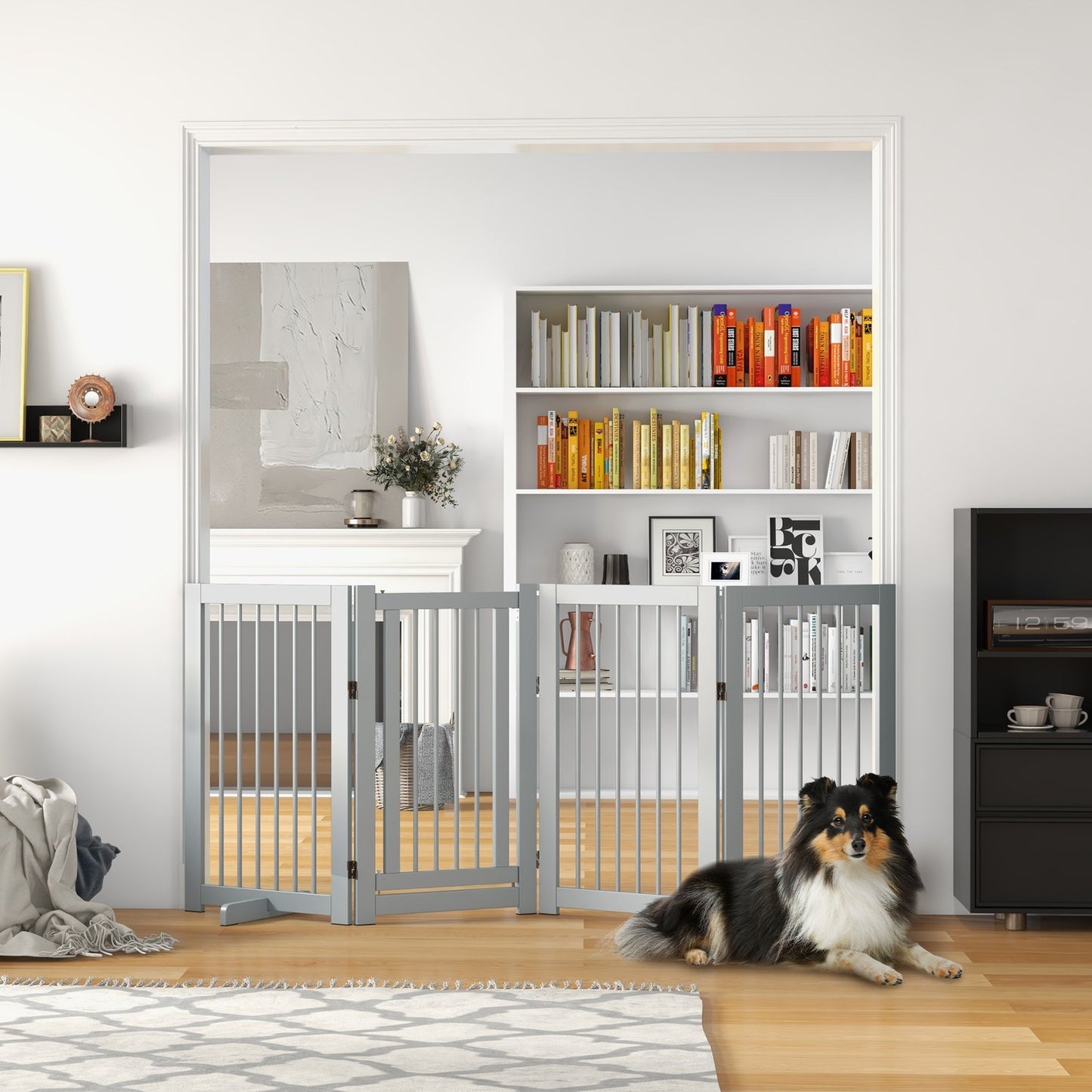Folding wooden dog gate - 4 panels, 220x91 cm, light grey