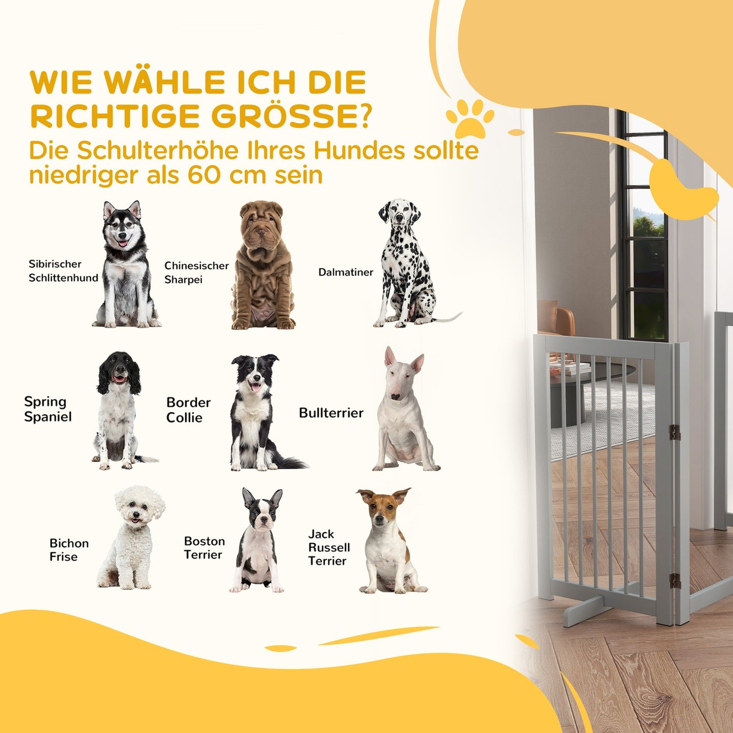 Folding wooden dog gate - 4 panels, 220x91 cm, light grey