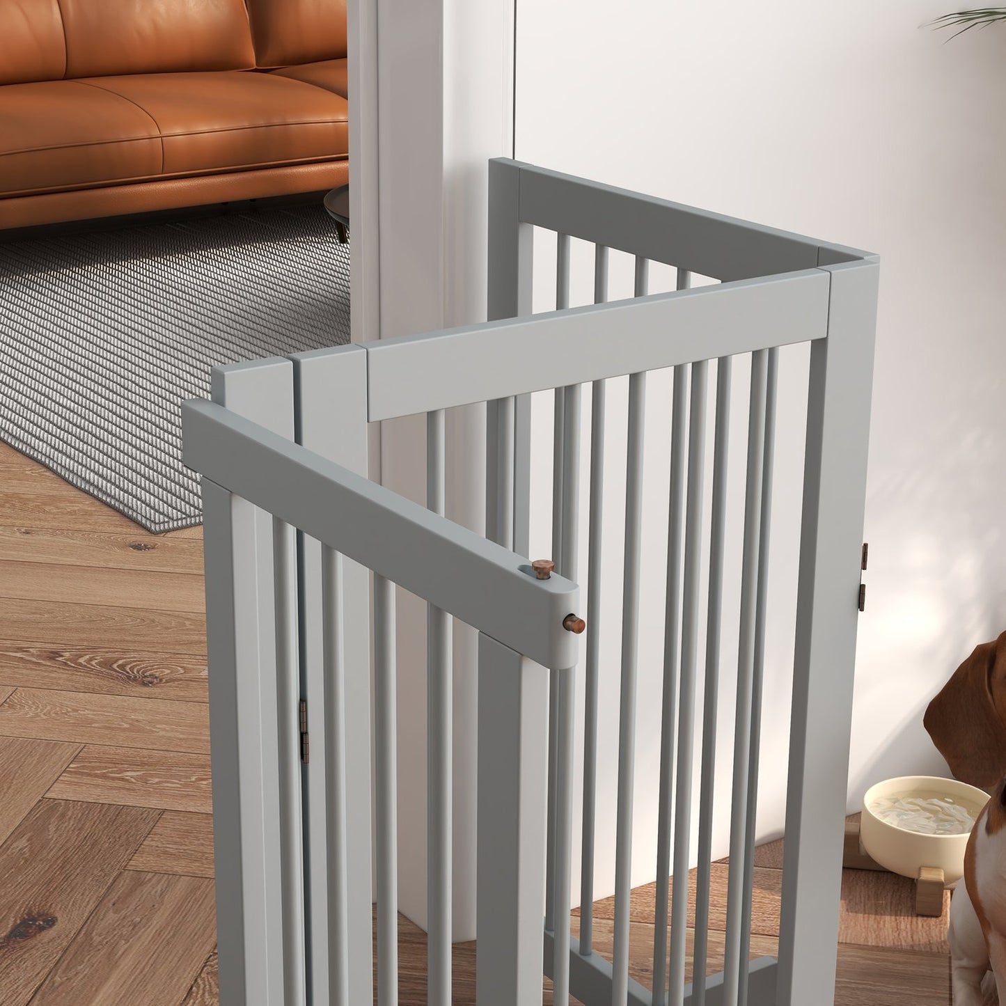 Folding wooden dog gate - 4 panels, 220x91 cm, light grey